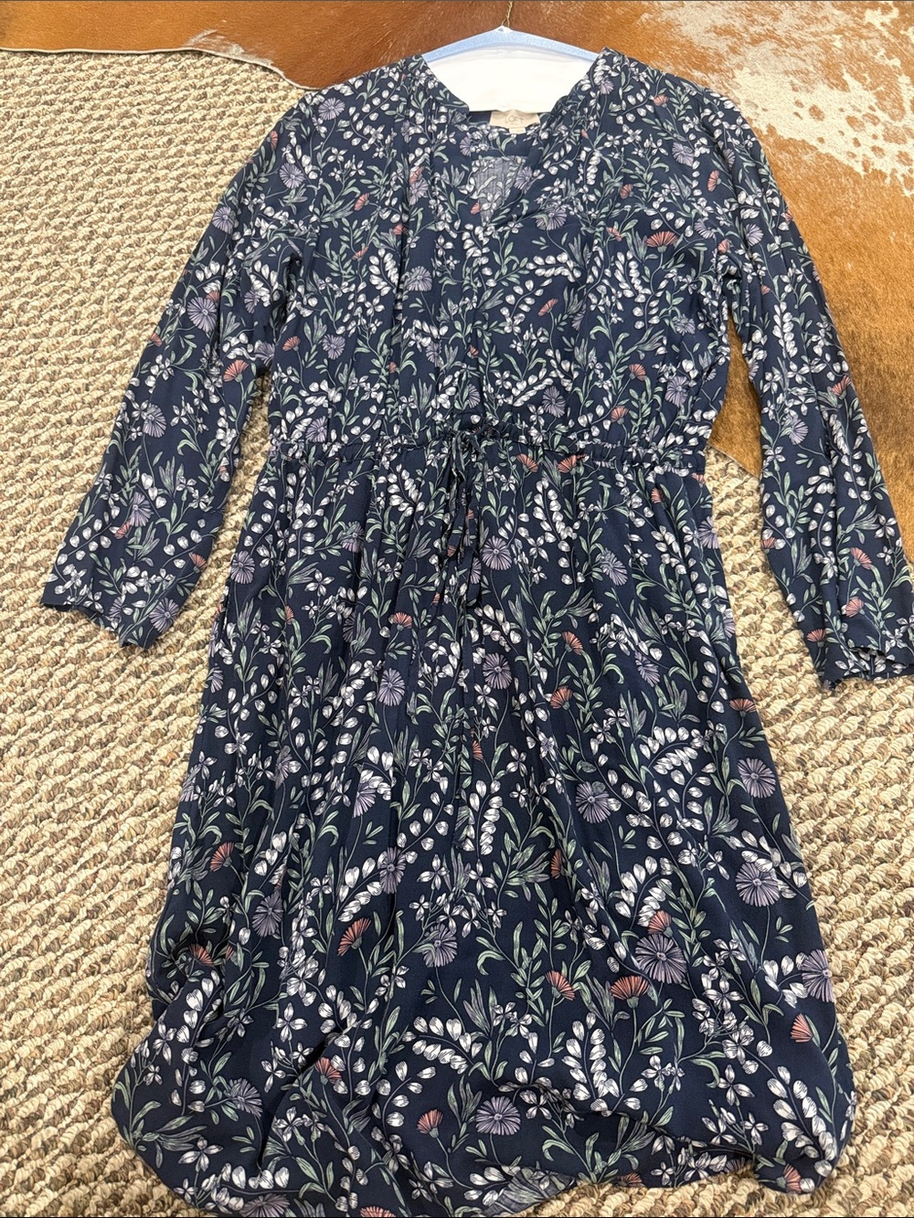 LOFT Navy Floral Long Sleeve Midi Dress